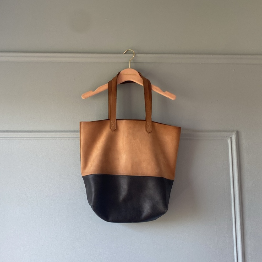 Two-tone cowhide leather tote bag